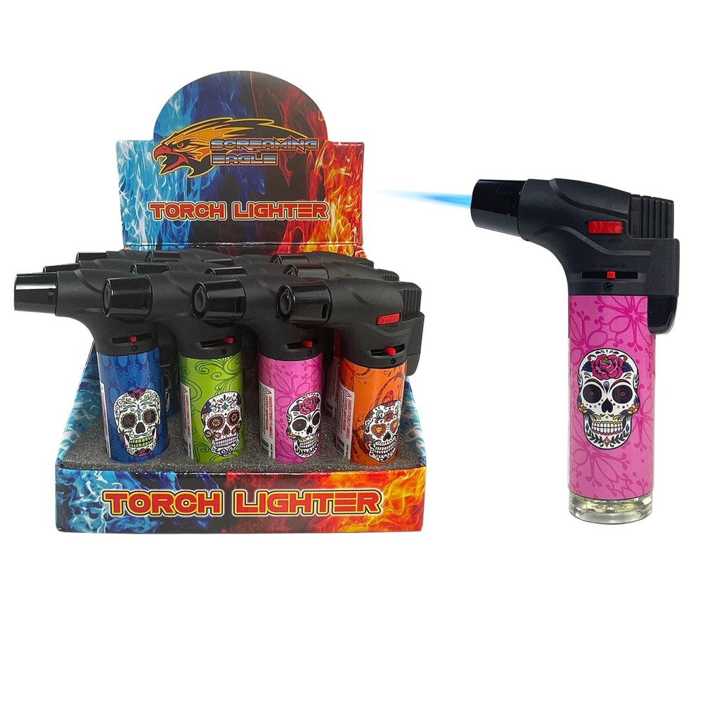 12 Pack Jumbo 4" Single Jet Flame Torch Gun Lighter Refillable Lockable C Skull