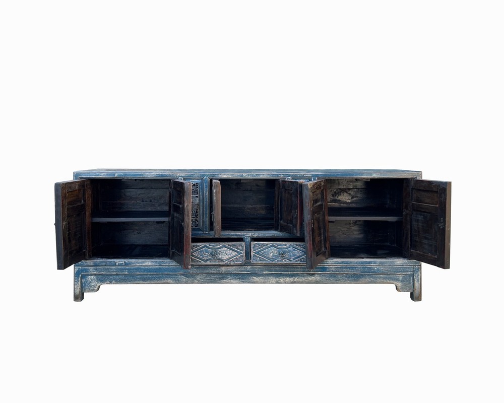 Chinese Distressed Dark Blue Vases Pattern TV Console Table Cabinet cs7738