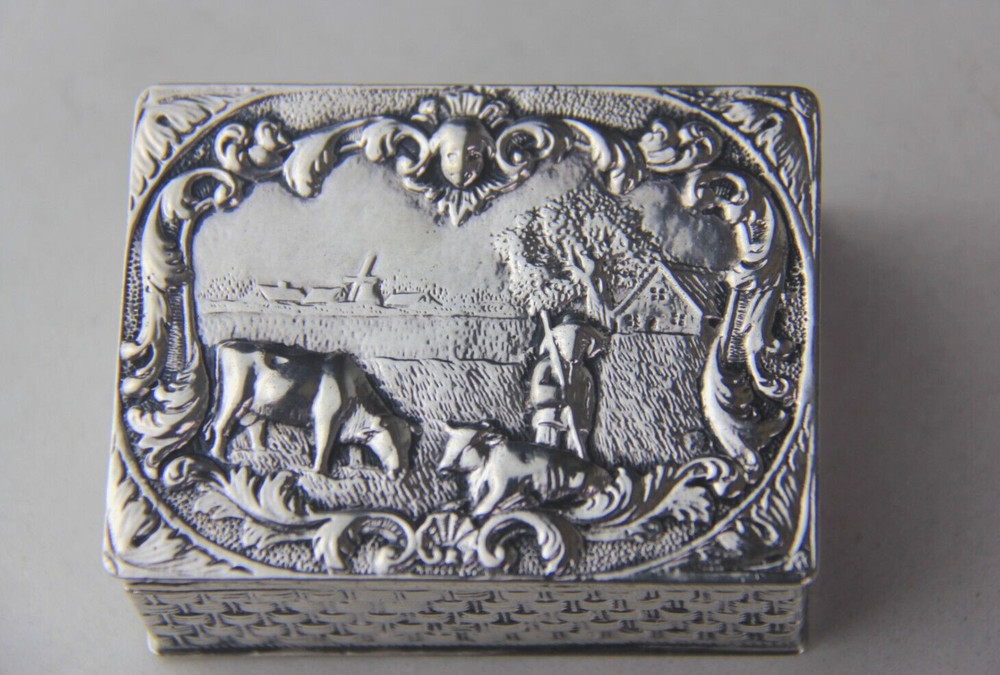 Antique German Hanau 800 Silver Rectangular Hinged Box w/ Embossed Farming Scene