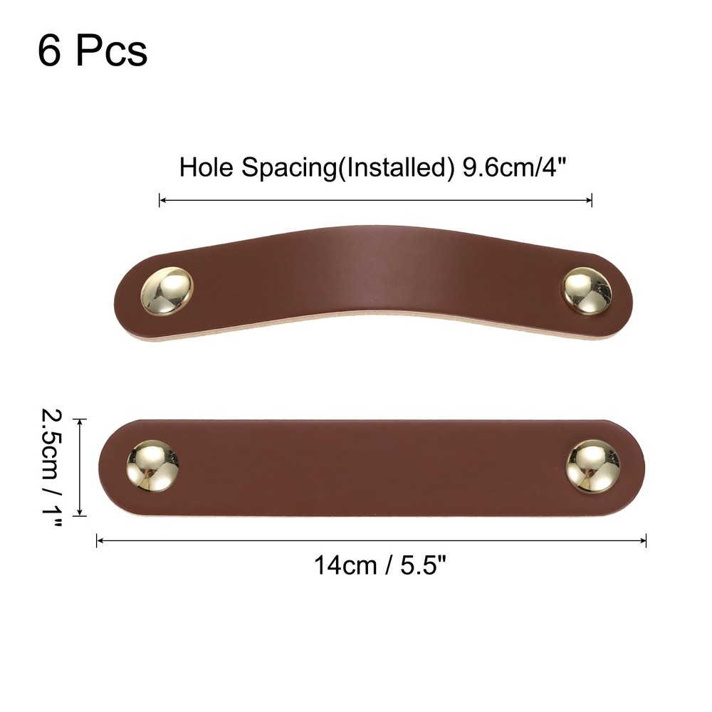 6 Packs Leather Drawer Pulls Double Hole Knobs, Brown/Gold(Hole Spacing:96mm)