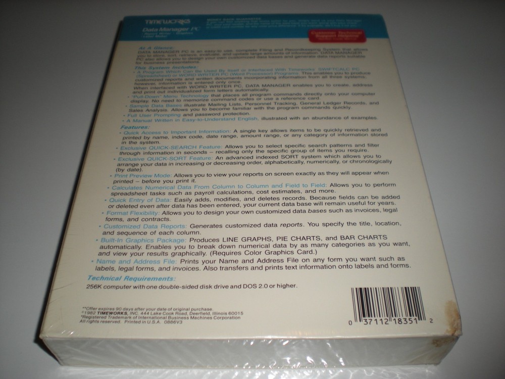 Timeworks Data Manager PC dos database new in box 5.25". Slightly water stained