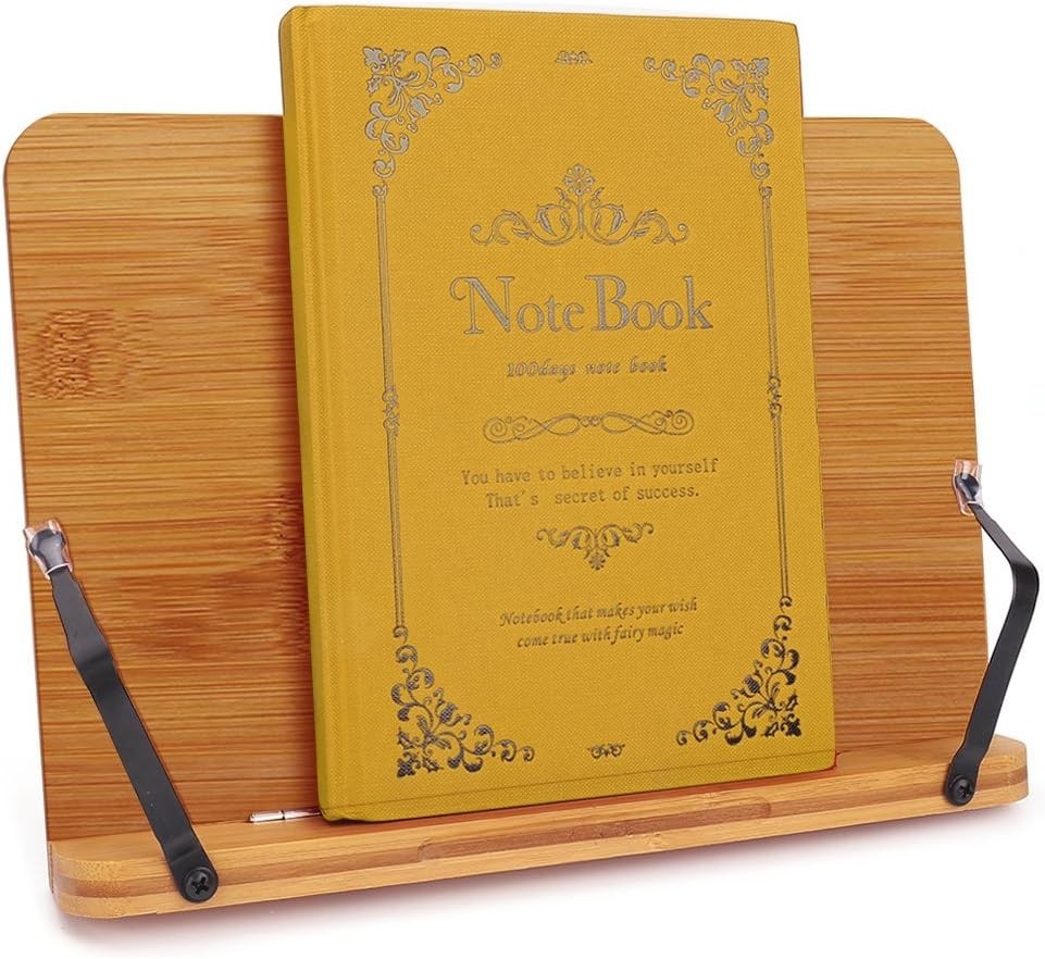 Bamboo Book Stand Adjustable Holder Tray Page Clips Foldable Portable Reading