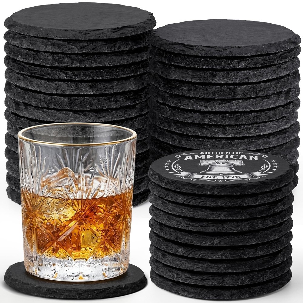 36 Pieces Slate Coasters Bulk, 4 Inch Round Rustic Black Stone Drinks Coaster...