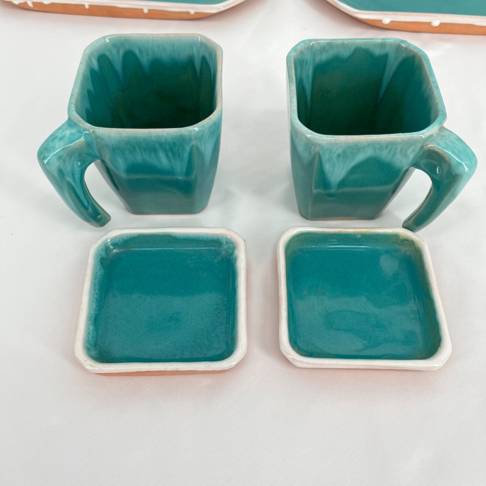 Vintage Turquoise Ceramic Dinnerware Set 6 Pieces Square Plates & Mugs