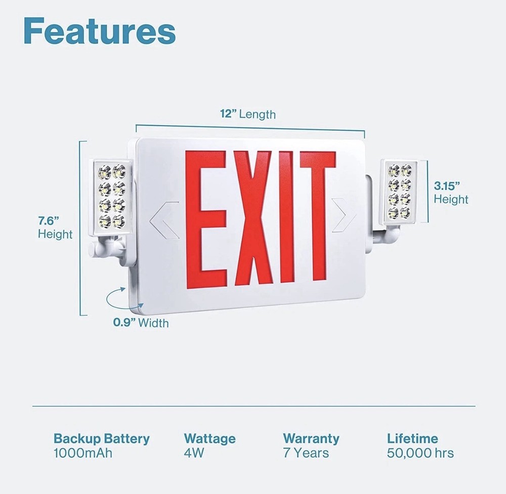 4 Pack LED Exit Sign Emergency Combo Light with Adjustable Two Head Battery