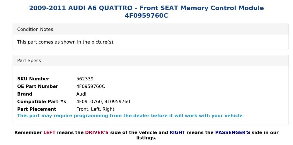 2009-2011 AUDI A6 QUATTRO - Front SEAT Memory Control Module 4F0959760C