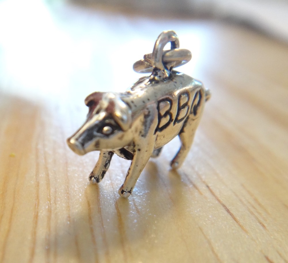 Sterling Silver 3D 12x19mm Solid Pig Hog Pork says BBQ Charm
