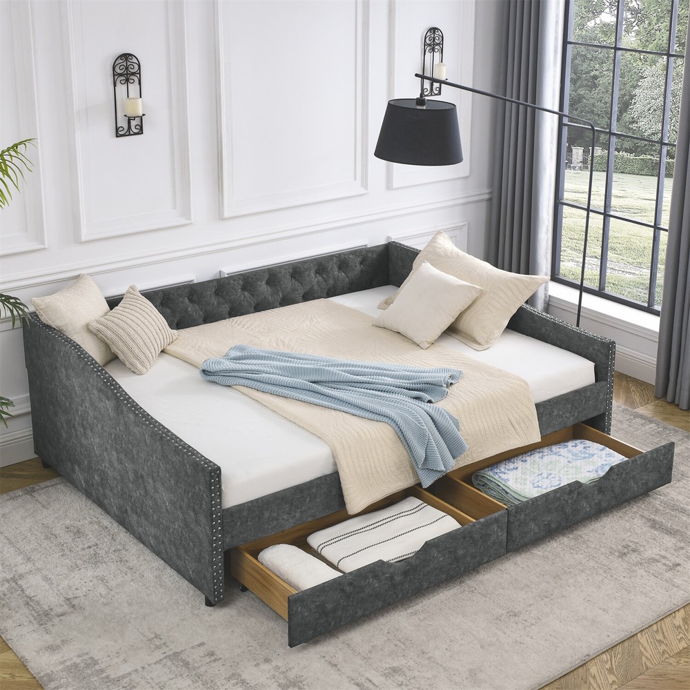 Queen Size Daybed with 2 Storage Drawers Upholstered Bed Frame Sofa Bed US