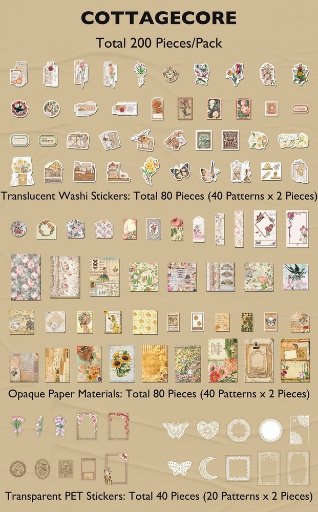 Knaid 200 Piece Vintage Ephemera Bundle - Paper & Sticker Kit 200, Assorted