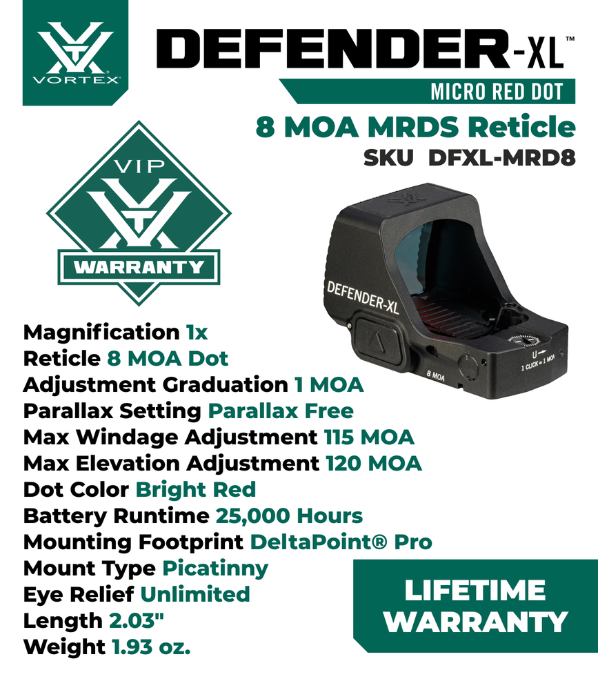 Vortex Optics Defender-XL Micro Waterproof 8 MOA Red Dot Sight with Free CD Hat