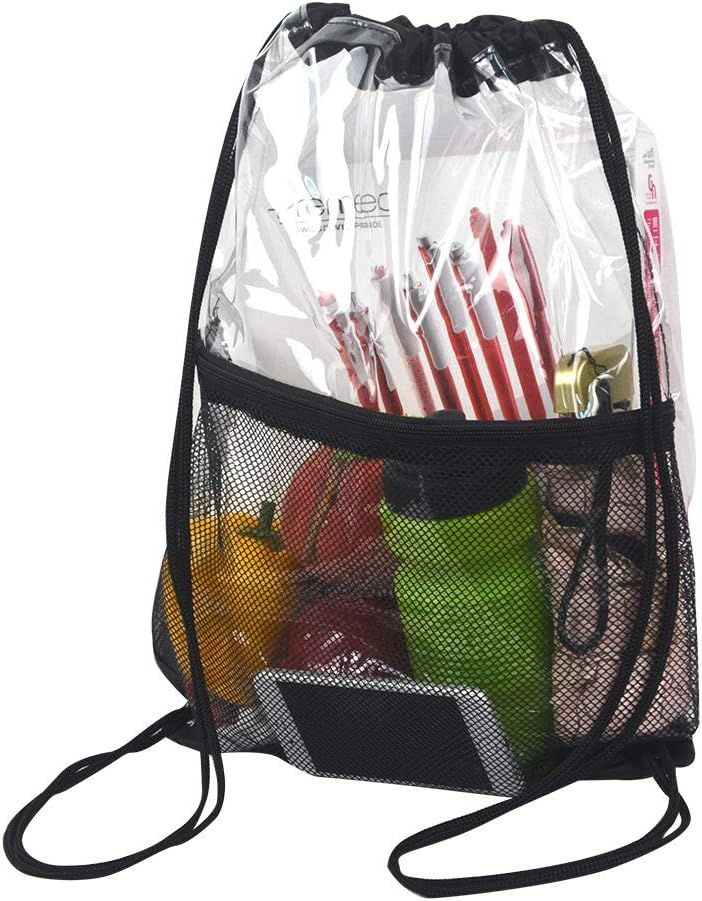 Clear Drawstring Bag, PVC Backpack with Front Zipper Mesh Black