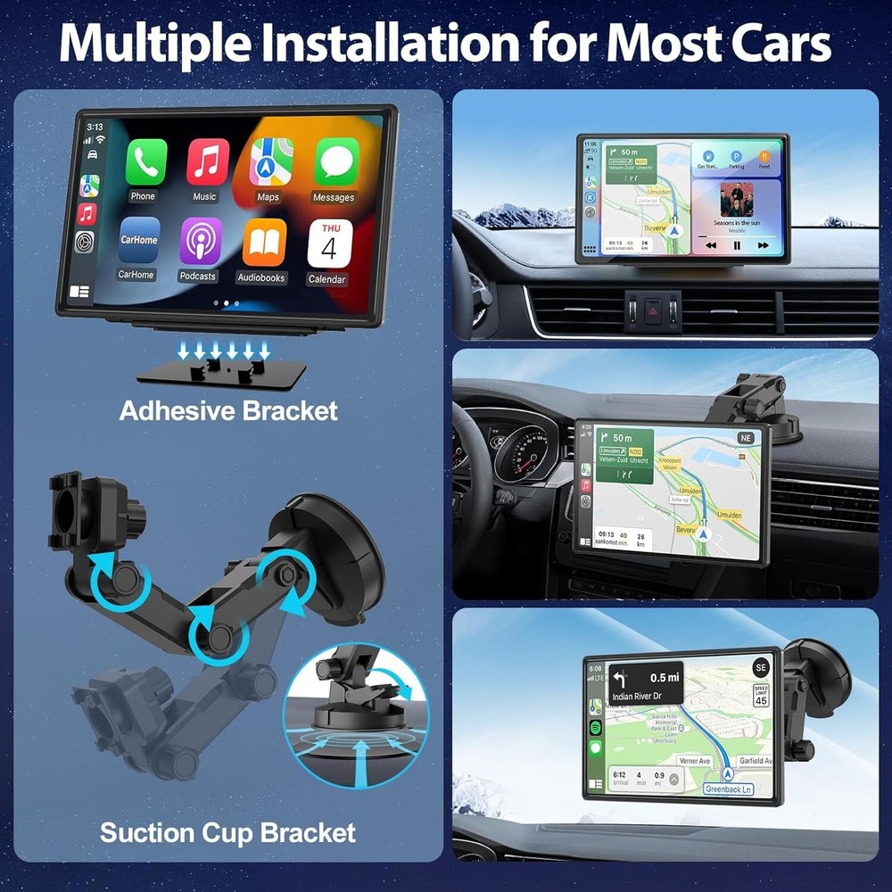 Wireless CarPlay AndroidAuto Screen - Portable Dash 9" HD, Strongest Mount