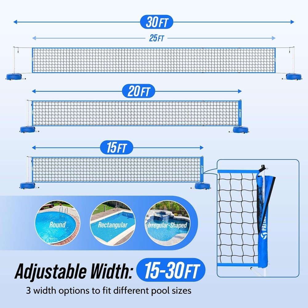 Pool Volleyball Net Set with Base Adjustable 15ft-32ft Length for Inground Pools