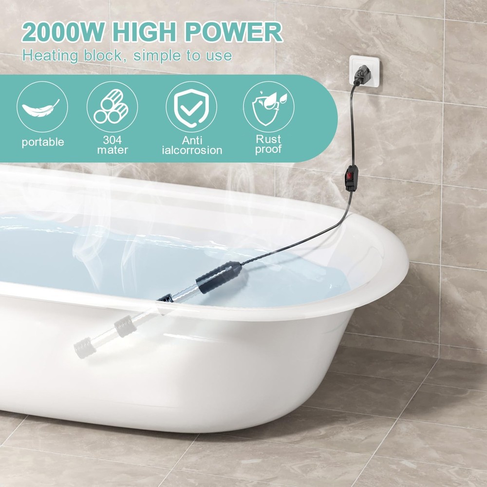 2000W Immersion Bucket Heater, Bathtub Heater, Heat 5 Gallons of Water in Min...