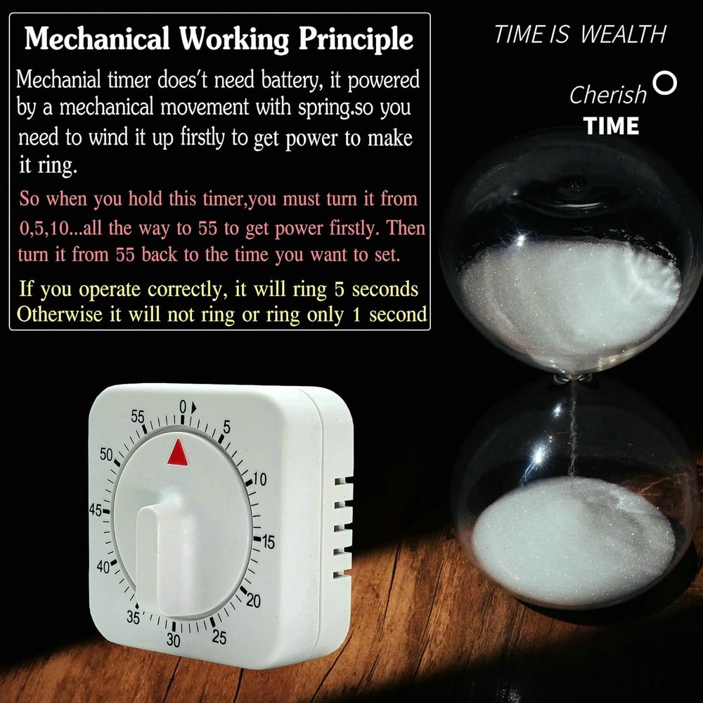 Square 60 Minute Mechanical Kitchen Timer - Visual Kitchen Cooking Timer Clock w