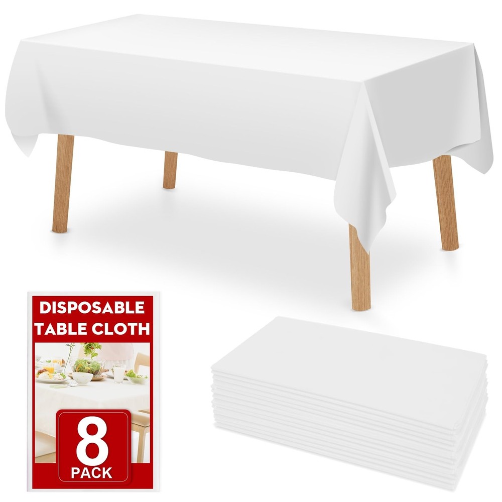 8 Pack White Plastic Table Cloths Disposable, 54 x 108 Inches Plastic Table C...