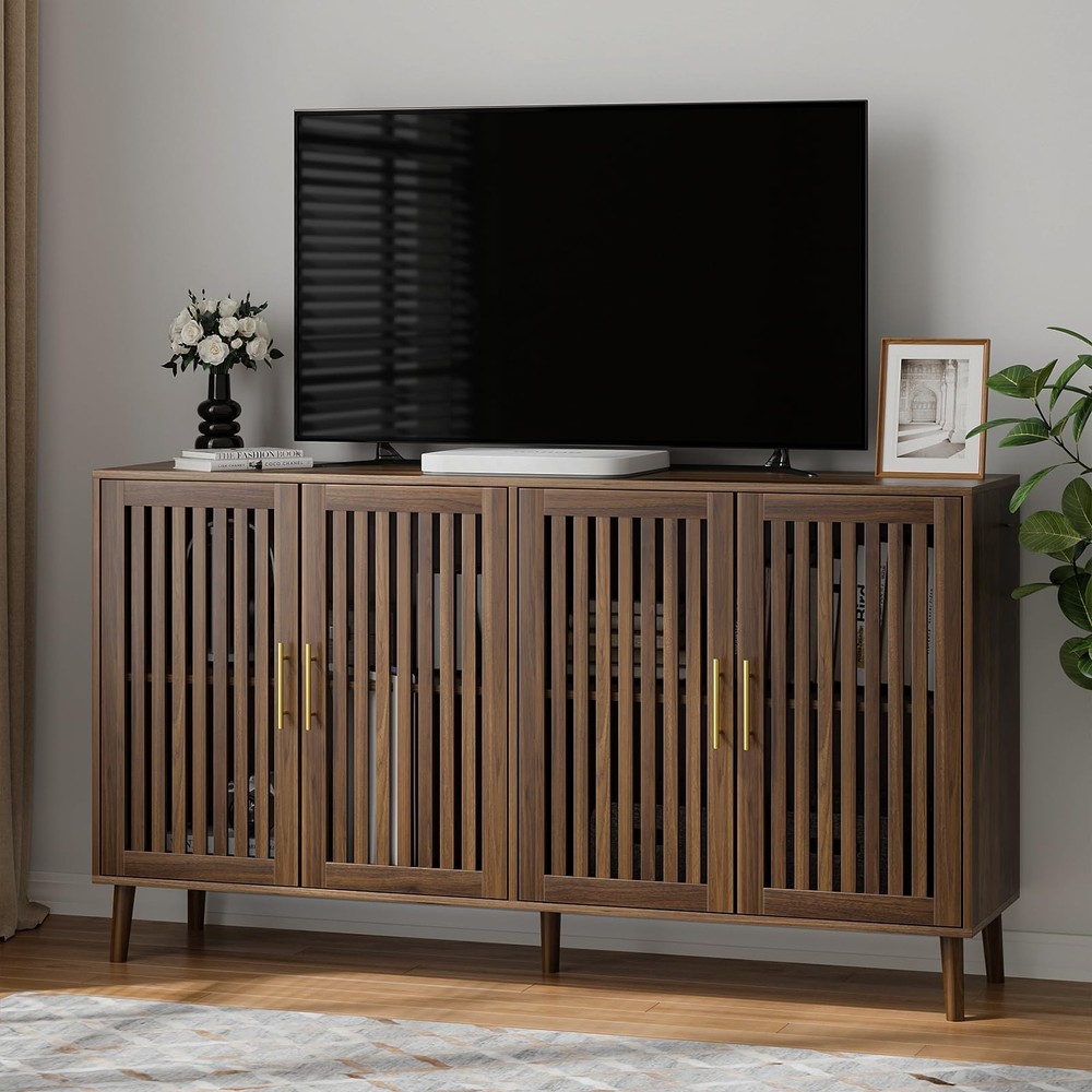Buffet Cabinet with Storage Walnut Sideboard with Grille Doors&Adjustable She...