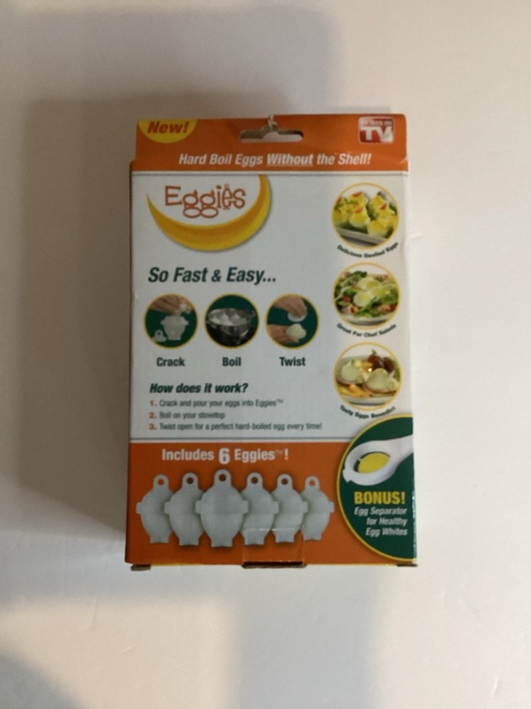 New Eggies 6 Pack Egg Cooker-hard Boiled Eggs Without Shell W/Eg White Separator