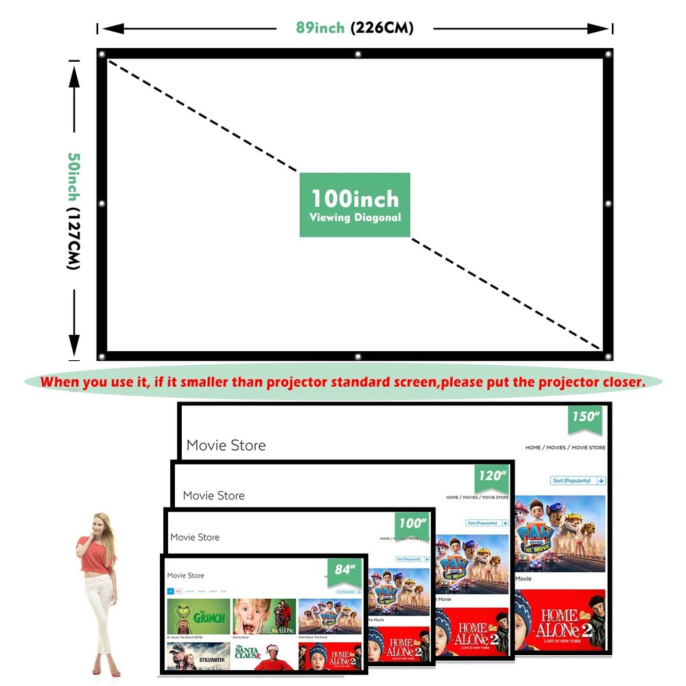 100" Projector Screen - 4K HD Foldable Double Sided for Home & Office