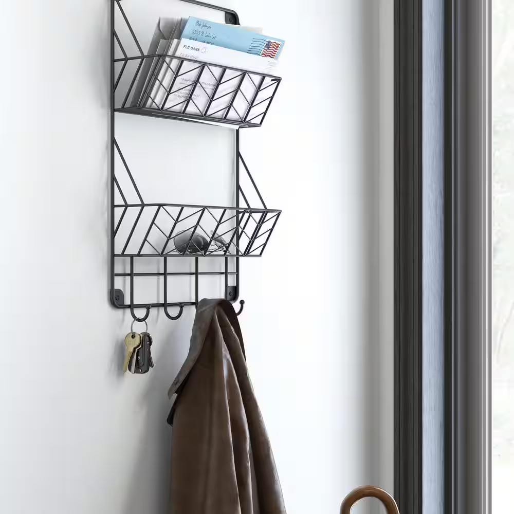 12 In. L Black Double Mail Basket Holder with Hooks