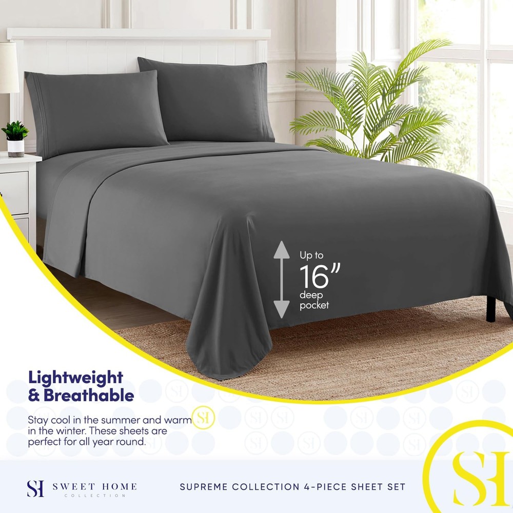 King Size Sheets - Breathable Luxury Bed with Full Elastic King, Gray