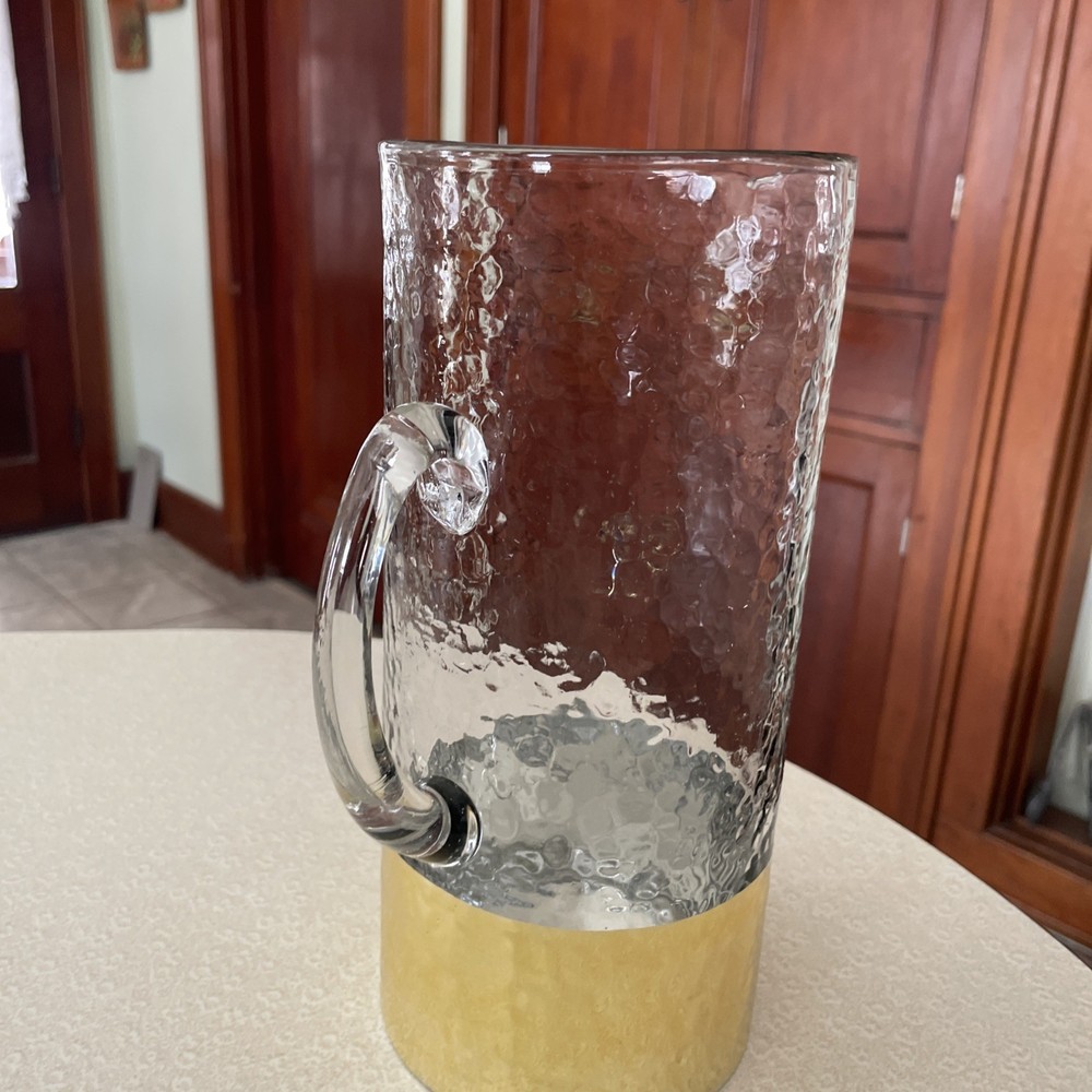Mud Pie? Clear Hammered Glass Gold Ring Base Pitcher Handle 9.5”