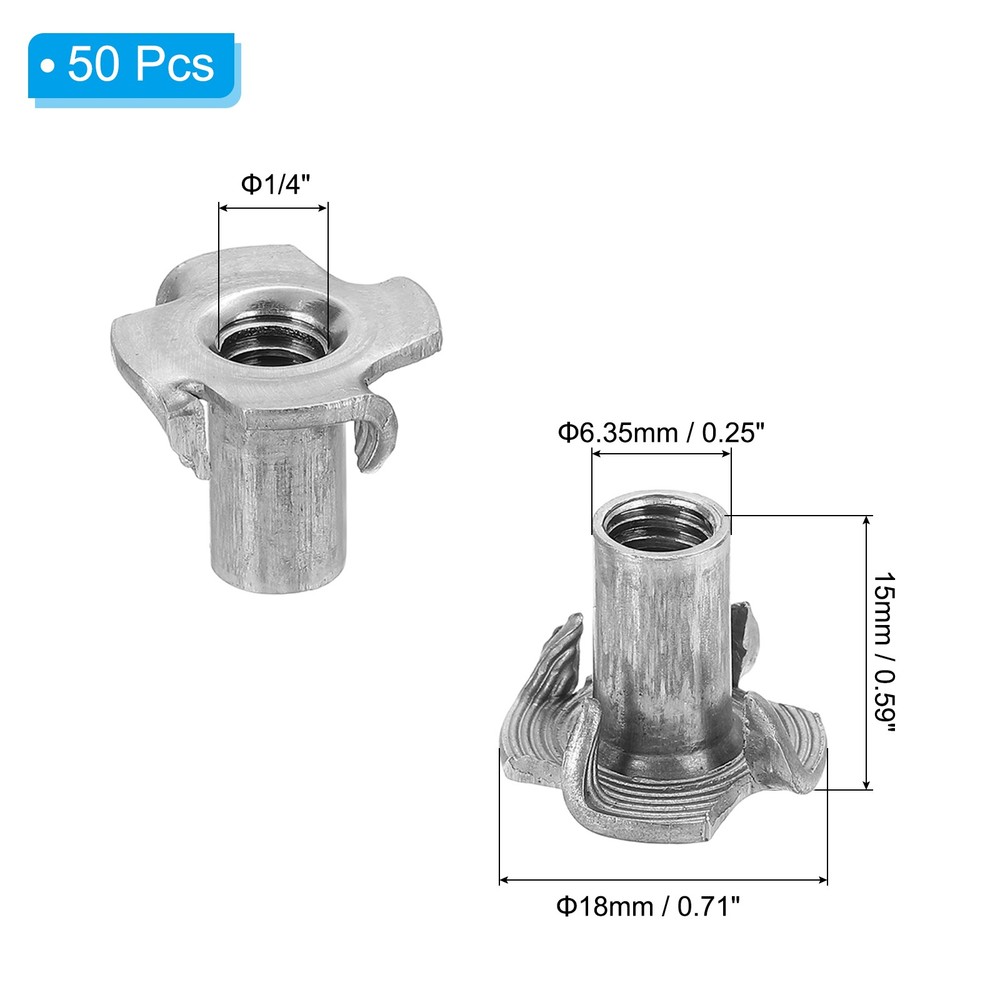 50 Pcs 1/4" x 9/16" T-Nuts 4 Pronged Tee Nuts Threaded Inserts Silver