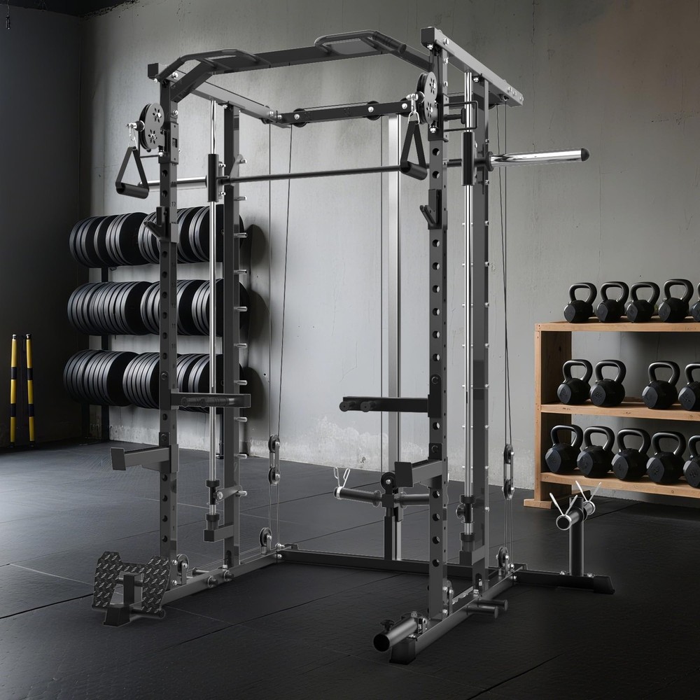 Smith Machine Power Cage with Pulley System LAT Pulldown Squat Rack for Home Gym