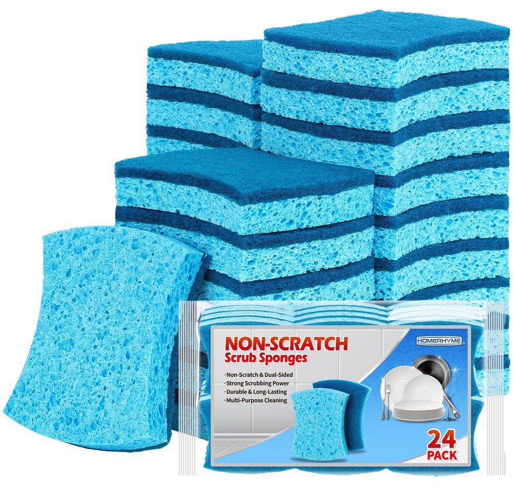 Non-Scratch Cellulose Scrub Sponges 24 Pack Kitchen Sponge with Double-Side &...