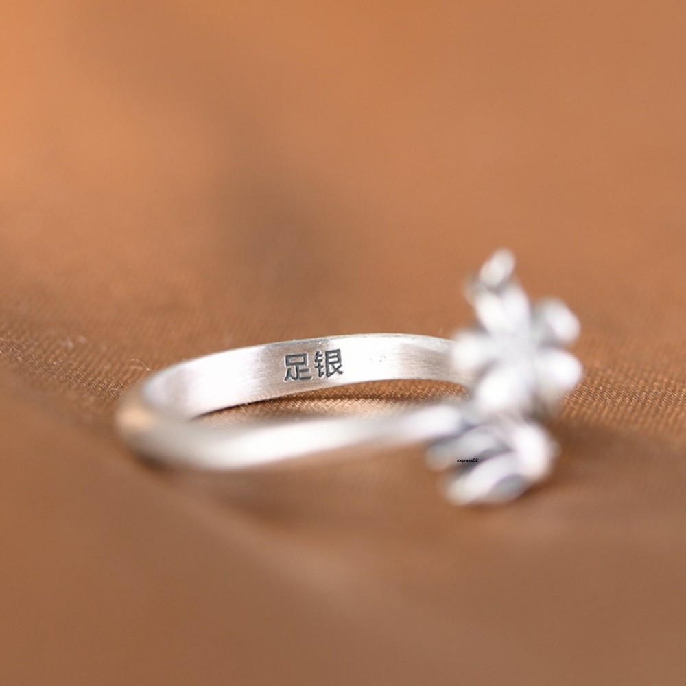 Solid 925 Sterling Silver Band Women Lucky Flower Fox Open Ring