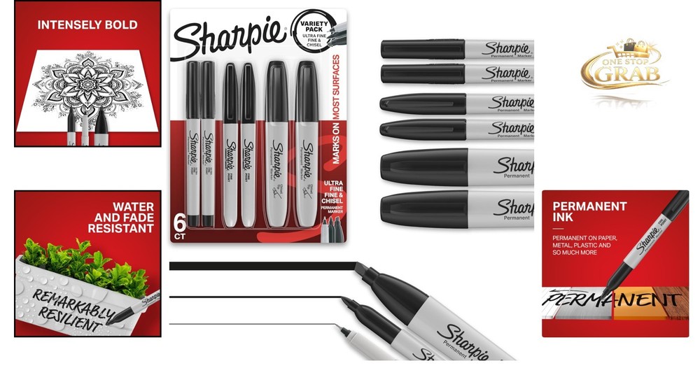 6-Piece Permanent Marker Set Black Fine Ultra-Fine Chisel Tips Multi-Surface