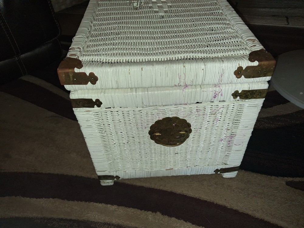 vintage white wicker peacock trunk