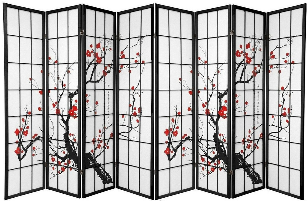 4, 6, 8 Panel Plum Blossom Screen Room Divider White & Black Frame