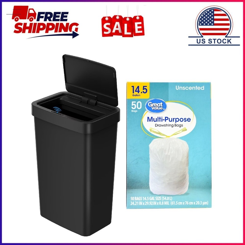 Mainstays Kitchen Automatic Trash Can, 13.2 Gallon Plastic Motion Sensor Garbage