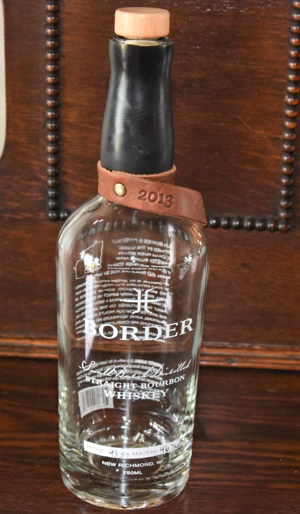 BORDER Bourbon Bottle by 45th Parallel Empty 750ml with Wooden Cap Leather Strap