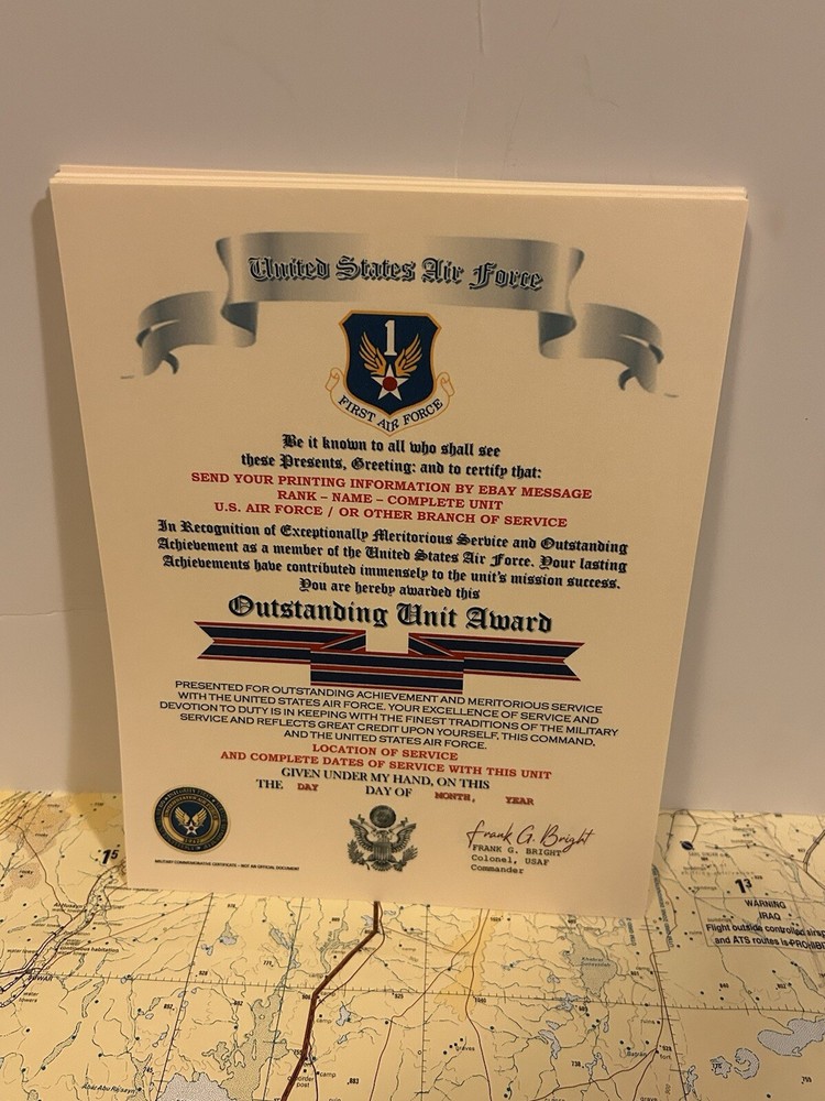 U.S. AIR FORCE / FIRST AIR FORCE - OUTSTANDING UNIT AWARD CERTIFICATE