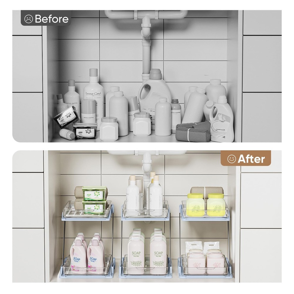 3 Pack Bathroom Organizers and Storage - Multi-Purpose,2-Tier Clear Pull Out ...