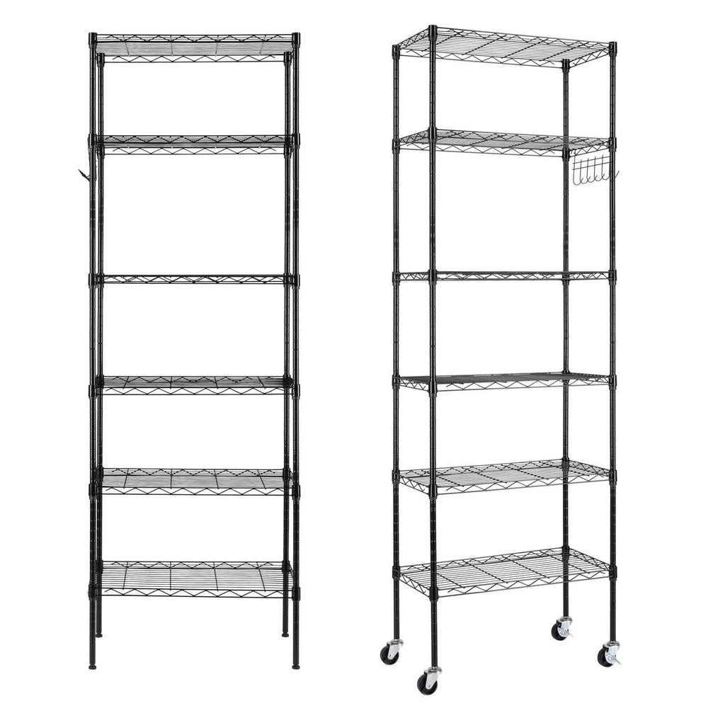65" Adjustable Rolling Storage Rack 6-Tier Wire Shelving Unit with Hanging Hooks