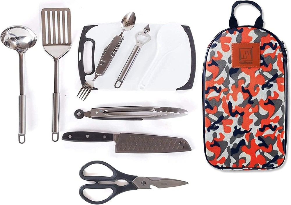 Camping Utensils Cooking Set, Camping Cookware with Kitchen Knife- Orange