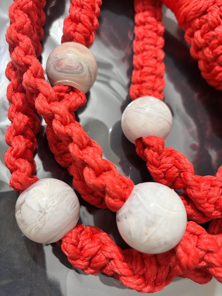 Vtg Macrame Plant Hanger Red White Balls