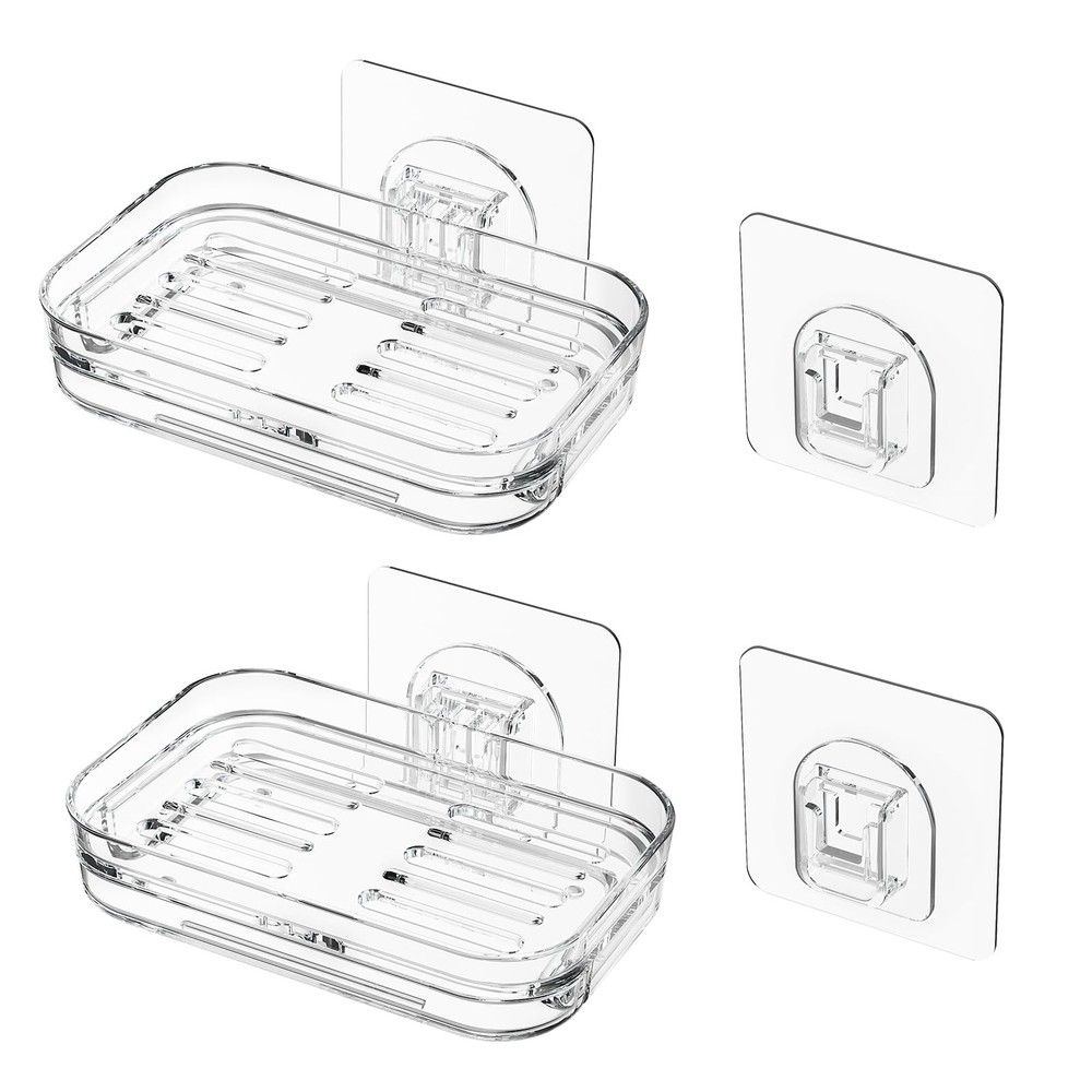 Bar Soap Dish 2 Pack,Self Draining Holder for 4, 2 Pack Clear