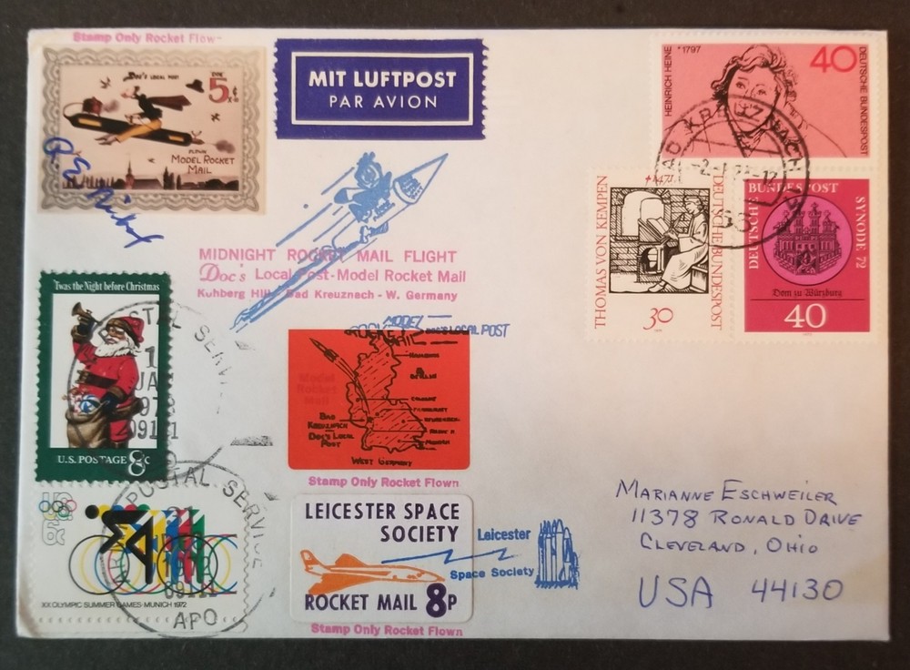 1972 Rocket Mail Doc's Local Post on German Cover with Doc's Cachets & Stamps