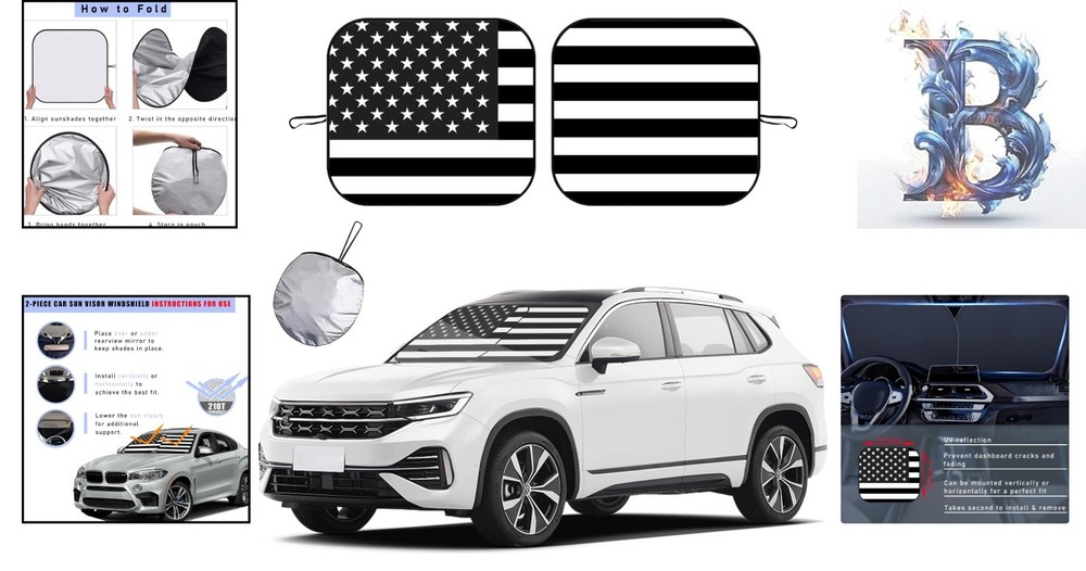 Universal Fit Foldable Windshield Sun Shade - 2-Pcs, 28"x31", Black Flag Design