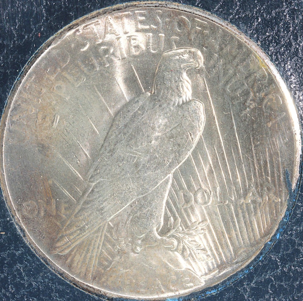 1925 PEACE SILVER DOLLAR PARAMOUNT INTERNATIONAL HOLDER--LIGHT TONING