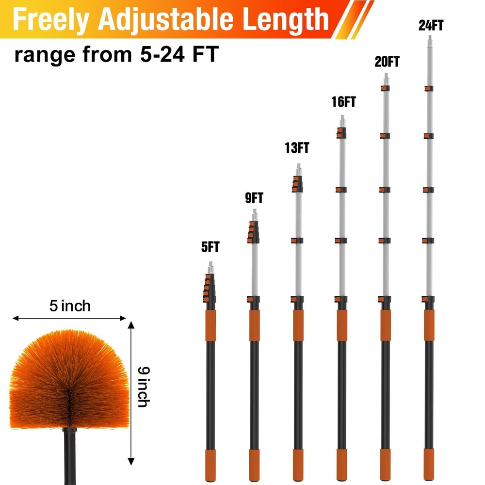 24FT Cobweb Duster with Extension Pole, Spider Web Brush for Cleaning Extenda...