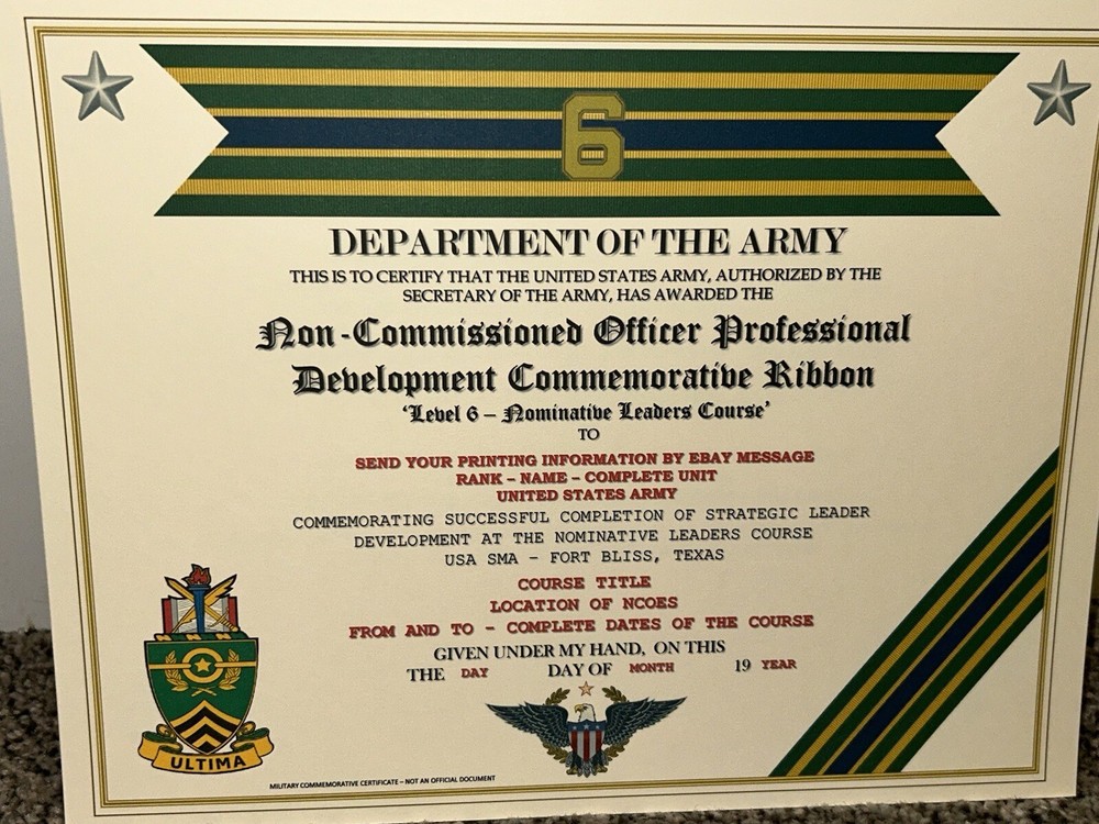 NCO PROFESSIONAL DEVELOPMENT LV-6 COMMEMORATIVE CERTIFICATE ~ W/PRINTING TYPE-1