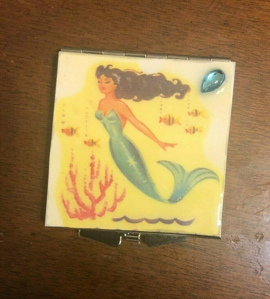 Retro 1950s Bronzina Mermaid Square Silver Mirror Compact