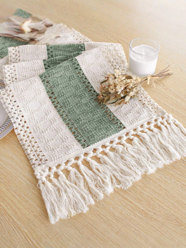 Boho Macrame Table Runner with Tassels Cream Brown Farmhouse Rustic Wedding