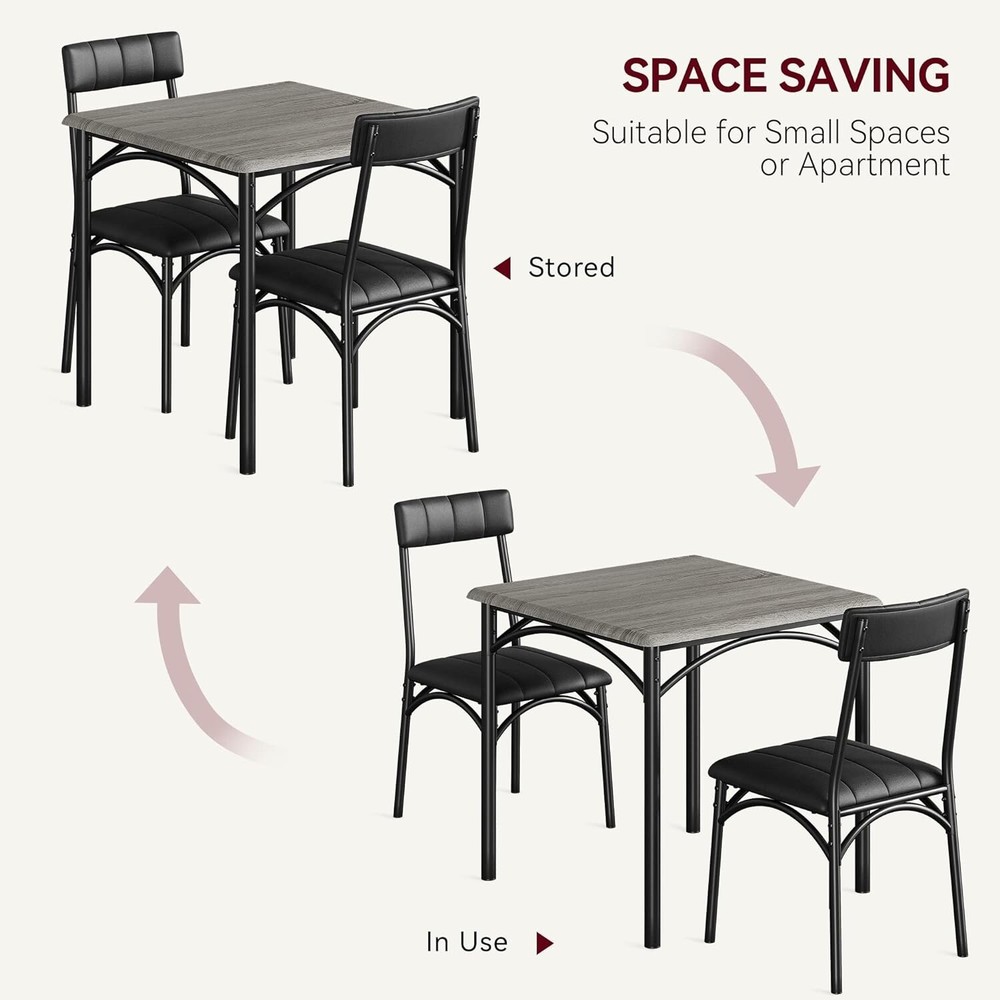 Dining Table Set w/2 Upholstered Chairs & Square Table for Dining Room Gray