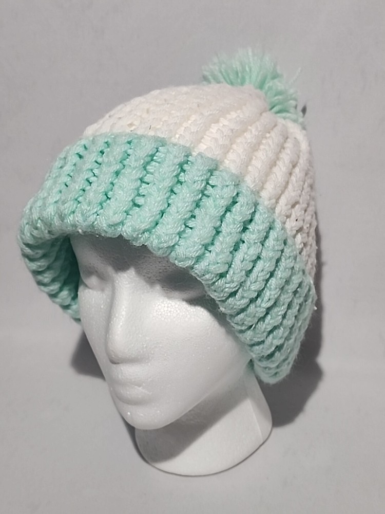 Aqua White Handmade Crocheted Beanie